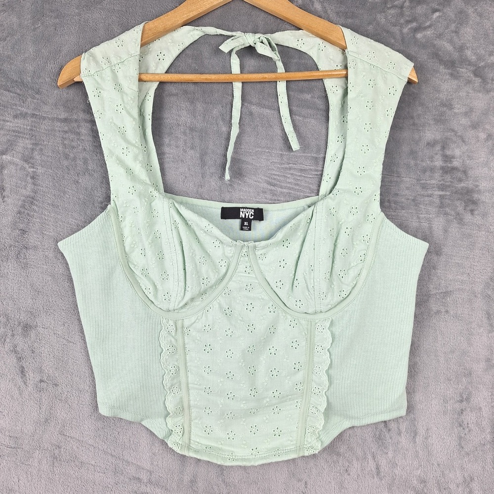 Madden NYC Top Womens XL‎ Green Corset Babydoll Eyelet Coquette Cottagecore Crop